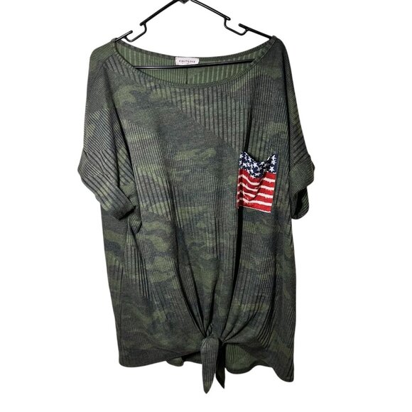 Womens Camo Print Ribbed Top W/ American Flag Pocket & Front Tie 3X By First Lov - Picture 1 of 5